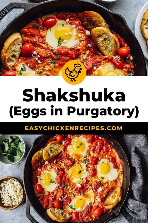 Eggs in Purgatory are eggs poached in a thick, delicious tomato sauce. The sauce is rich, seasoned and utterly addictive. Mop at all up with some crusty bread! This so easy to make and so good to eat! Eggs In Purgatory Recipe Ina Garten, Poached Eggs In Tomato Sauce, Egg In Tomato Sauce Breakfast, Eggs In Cocotte, Eggs Cooked In Tomato Sauce, Eggs In Tomatoes, Eggs Pomodoro, Egg Tomato Recipes, Eggs And Tomatoes Breakfast