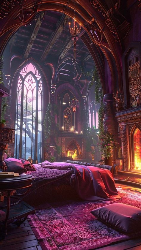 Castle Bedroom Fantasy Art, Fantasy Rooms Art, Fantasy Castle Room, Fantasy House Interior Art, Dnd Bedroom, Fantasy Bedroom Art, Bedroom Fantasy Art, Fantasy Castle Bedroom, Fantasy Home Interior