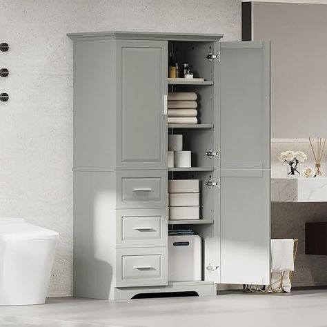 Amazon.com: Merax Storage Cabinet with Three Drawers and Doors, Wide Pantry Cupboard for Kitchen, Living Room and Bathroom, Adjustable Shelf, Grey : Home & Kitchen Cupboard For Kitchen, Deep Storage Cabinet, Wide Pantry, Bathroom Storage Cabinet Room & Board Modern Furniture, Hallway Storage Cabinet, Medication Storage, Pantry Cupboard, Grey Storage, Furniture Storage Cabinets