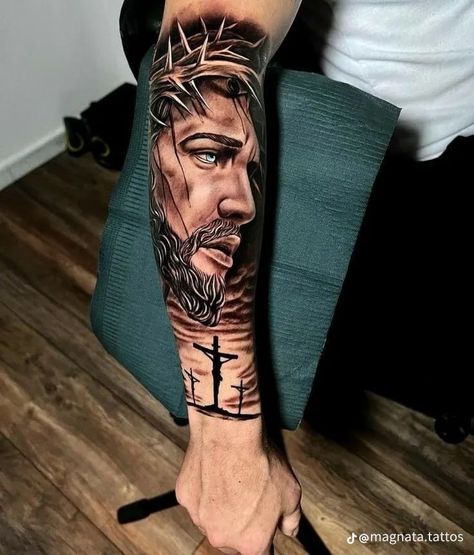 Jesus Tattoo Men, Tattoo Jesus Cristo, Jesus Forearm Tattoo, Jesus Tattoo Ideas, Hispanic Tattoos, Jesus Tattoo Sleeve, Rip Tattoos For Dad, Tiger Hand Tattoo, Jesus Christ Tattoo