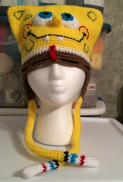 Spongebob Crochet Hat Crochet Spongebob Hat, Spongebob Crochet Hat, Silly Crochet Hats, Crochet Spongebob, Spongebob Crochet, Crochet Cartoon, Crochet Baby Photo Prop, Crochet Character Hats, Crochet Mask