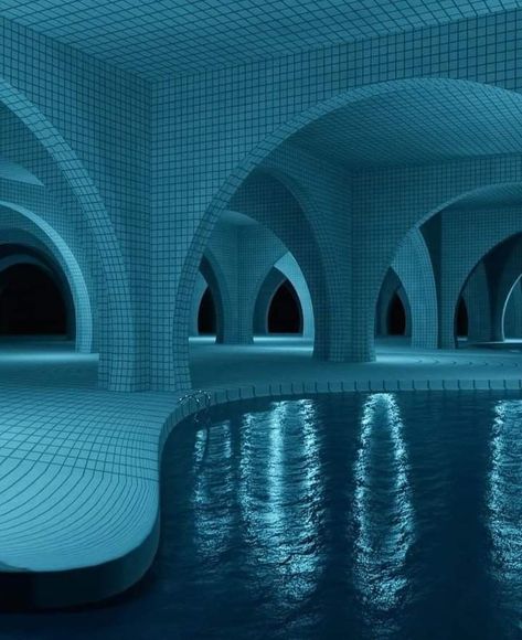 Backrooms Level 33.1, Bathophobia Aesthetic, Back Rooms Dream Core Creepy, Blue Liminal Space, Pool Rooms Backrooms, Dreams Core Aesthetic, Aesthetic Nostalgia, Dreamscape Architecture, Pool At Night