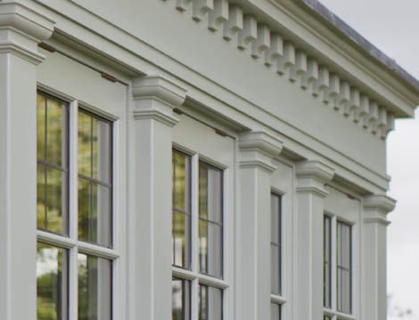 Dentil Moulding And Timber Columns Complete The Look Dentil Moulding Exterior, Colonial Chic, Orangery Conservatory, Farmhouse Colonial, Conservatory Interior, Screened Porch Designs, Sunroom Addition, Dentil Moulding, Garden Houses