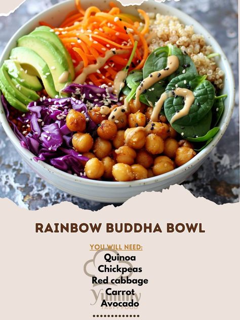 🌈🍲 Enjoy a nutritious and colorful Rainbow Buddha Bowl! #HealthyEating #ColorfulFood Rainbow Buddha Bowl Ingredients: Quinoa (1 cup, cooked) Chickpeas (1 cup, roasted) Red cabbage (1 cup, shredded) Carrot (1, shredded) Avocado (1, sliced) Baby spinach (1 cup) Sesame seeds (1 tbsp) Dressing: Tahini (2 tbsp) Lemon juice (1 tbsp) Olive oil (1 tbsp) Maple syrup (1 tsp) Salt (to taste) Black pepper (to taste) Instructions: In a bowl, arrange cooked quinoa, roasted chickpeas, shredded red cabb... Roasted Red Cabbage, Bowl Ingredients, Cooked Chickpeas, Sliced Avocado, Cooked Quinoa, Buddha Bowl, Roasted Chickpeas, Shredded Carrot, Red Cabbage