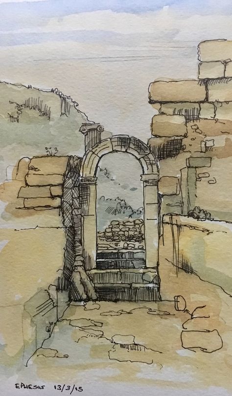 Greek Buildings Drawing, Greece Drawing, Greek Drawing, Old Ruins, Watercolor Practice, Alevel Art, Temple Drawing, Ancient Drawings, City Sketch