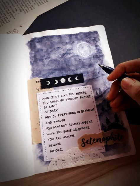 #moon #artjournaling #journal #selenophile #aesthetics #art #painting #watercolor #phases #artjournal Moon Journal Aesthetic, Selenophile Journal, Names For Journals, Moon Aesthetic Journal, Moon Scrapbook Pages, Moon Art Journal, Sketch Journal Aesthetic, Aesthetic Quotes For Journal, Asthetic Journalling