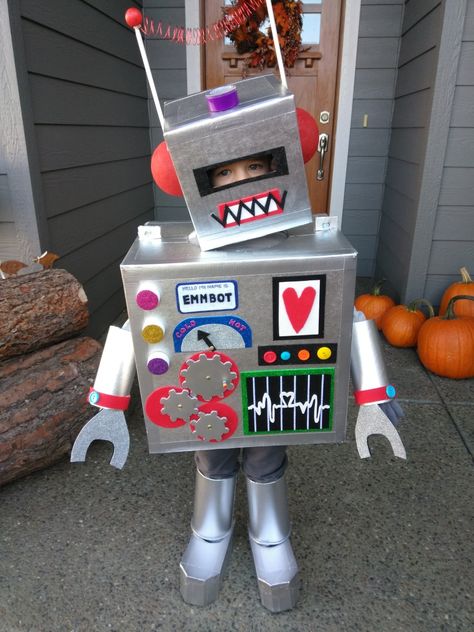 Robot Costumes Diy, Space Robot Costume, Toddler Robot Costume Diy, Cardboard Robot Costume Diy, Diy Robot Costume Toddler, Robot Costume Toddler, Box Costumes For Adults, Robot Trunk Or Treat, Robot Costume Ideas