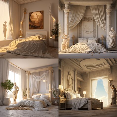 Greek Goddess Interior Design, Greek Style Room Bedrooms, Greek Mythology Inspired Room, Rome Bedrooms, Ancient Greece Aesthetic Room, Ancient Rome Bedroom, Ancient Greek Inspired Bedroom, Greek Aesthetic Interior, Roman Themed Bedroom