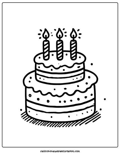 free kids coloring page featuring a scrumptious birthday cake with candles on top Animated Cake Drawing, Cute Birthday Cake Drawing Easy, Simple Cake Drawing, Cake Drawing For Kids, Cute Cake Drawing, How To Draw Cake, Cake Drawing Easy, Cakes Drawing, Cake Draw