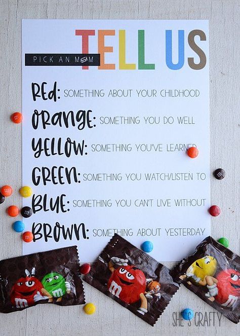 She's crafty: An Easy Way to Get to Know your Group- The M and M game M And M Ice Breaker Game, Get To Know You M&m Game, M&m Icebreaker Game, Get To Know You Skittles Game, Getting To Know You Counseling Activity, M M Get To Know You Game Free Printable, M And M Get To Know You Game, M&m Getting To Know You Game, Get To Know Your Class Activities