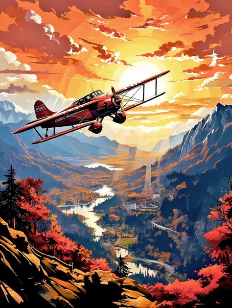 Biplane Art, Landscape Plane, River Drawing, Adventure Illustration, Old Airplane, Plane Art, Cute Monsters Drawings, Plane Flying, Automotive Illustration