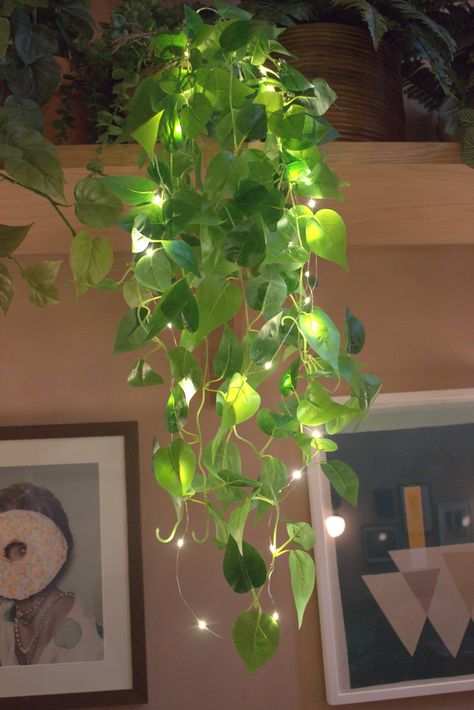 Fake Plants Decor Restaurant, Hanging Room Lights, Fake Plants That Look Real, Fairy Lights Plants, Paint Fake Plants, Room Leaves Decor, Luna Moth Decor, Creative Plant Display Indoor, Cute Room Decor Night Lights