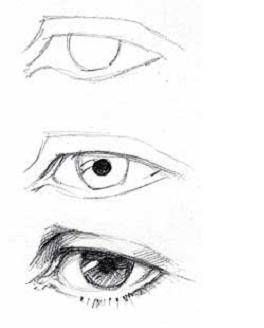 Draw the eyes almond-shaped, and made of several sections. Eyes are recessed into the head and have eyelids, eyelashes, the black pupil and the colored iris. Practice drawing the eye and each part of it.  Read more: http://www.ehow.com/how_4896014_draw-faces-beginners.html#ixzz2qBoAEMWF Drawing Eyes, Eye Tutorial, Akvarel Illustration, Realistic Eye Drawing, Desen Realist, 얼굴 드로잉, Výtvarné Reference, Eye Drawing Tutorials, Siluete Umane