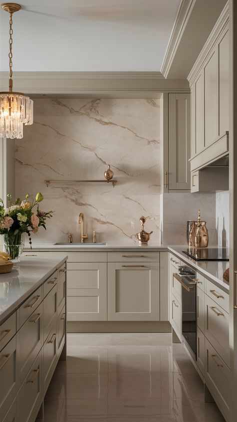 Neutral And Gold Kitchen, Kitchens With Gold Fixtures, Coastal Style Kitchen Designs, Transitional Interior Design Kitchen, Kitchen With Lots Of Cabinets, Traditional Modern Kitchen Design, High End Kitchen Design Luxe, Kitchen Ideas White Oak, Light Color Kitchen Cabinets