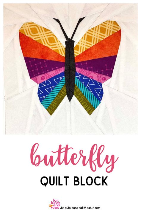 Are you looking for a Butterfly Quilt Block Pattern? Grab this colorful quilt block patterns now! This quilt pattern includes a colored and a blank overview for you to color yourself! #joejuneandmae #quiltblock #quiltproject #quiltpattern #quilting Butterfly Quilt Block Pattern, Butterfly Quilt Block, Butterfly Quilt Pattern, Quilted Projects, Quilt Blocks Easy, Colorful Quilt, Foundation Paper Piecing Patterns, Scrappy Quilt Patterns, Butterfly Quilt