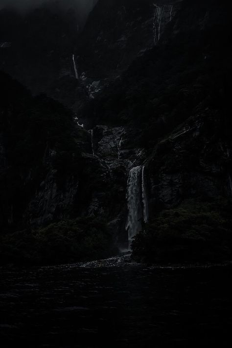 Dark Waterfall Aesthetic, Athestic Pics Dark, Ravenhood Aesthetic, Dark Waterfall, Rainy Wallpaper, Dark Naturalism, Dark Mountains, Rain Pictures, Dark Landscape