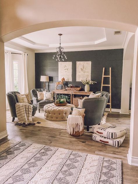 Dark Contrast Wall Sitting Room Refresh - Life by Leanna #ironore #darkwall #modernfarmhouse #farmhousestyle #shiplap #featurewall #sittingroom #homedecor #cozy Farmhouse Sitting Room, Sitting Room Ideas Cozy, Wall Sitting, Sitting Room Design, Living Tv, Home Office Inspiration, Sala Grande, Room Refresh, Front Rooms