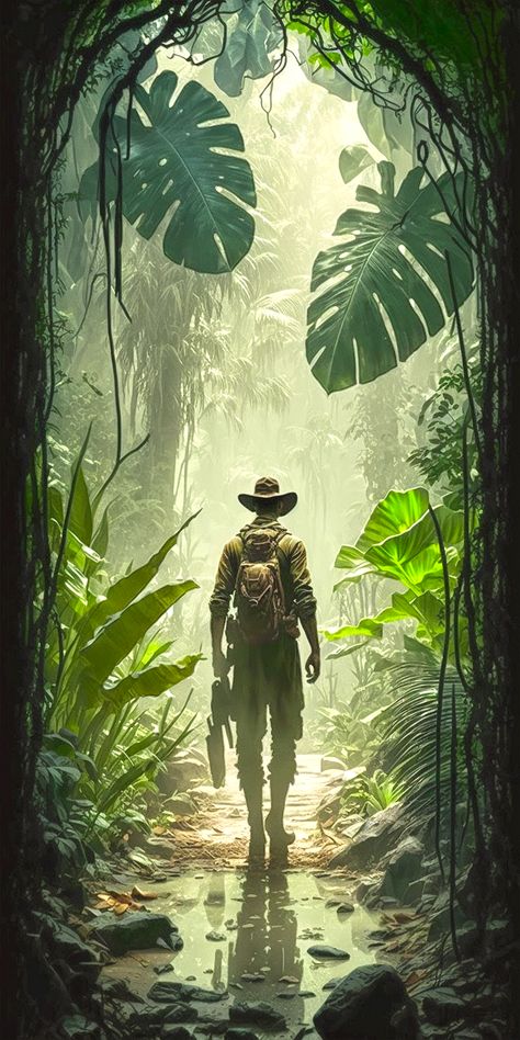 Indiana Jones explores a new way to travel back to the age of dinosaurs. Indian Jones Aesthetic, Jungle Explorer Aesthetic, Jumanji Aesthetic, Indiana Jones Wallpaper, Jumanji Theme, Indiana Jones Aesthetic, Indiana Jones Poster, Explorer Aesthetic, Jungle Expedition