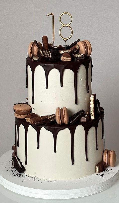 chocolate drip cake, chocolate drip birthday cake, 18th birthday cake Birthday Cake 2 Floors, Cake Design For 18th Birthday, Classy Chocolate Cake, Birthday Cake 18th Birthday, Cake Chocolate Drip, Cake For 18th Birthday, 18th Birthday Cake For Guys, Drip Cake Ideas, Chocolate Drip Cake Birthday