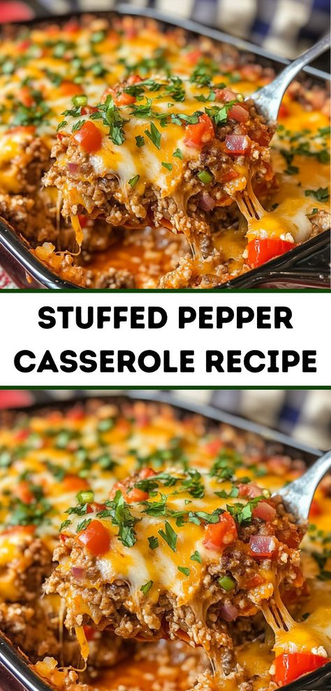 Need dinner ideas easy? This Stuffed Pepper Casserole Recipe is a must-try! A perfect choice for dinner recipes for family or dinner for two, combining stuffed peppers beef in a simple, delicious casserole. Rice And Tomatoes, Casserole With Ground Beef, Recipe With Ground Beef, Stuffed Peppers Beef, Pepper Casserole, Easy Stuffed Peppers, Ground Beef Rice, Dinner Casserole Recipes, Stuffed Pepper Casserole