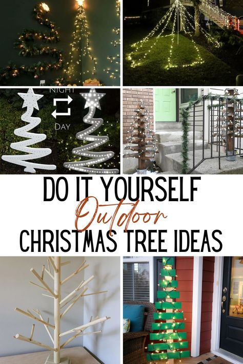 DIY outdoor Christmas tree ideas! Diy Outdoor Christmas Tree Made Of Lights, Homemade Large Christmas Trees, Outdoor Yard Christmas Tree, Outdoor Christmas Tree For Porch, Yard Christmas Trees Diy, Diy Outdoor Christmas Tree With Lights, Decorating Outside Trees For Christmas, Diy Spiral Christmas Tree Outdoor, Christmas Porch Trees