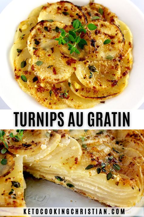 This Turnips Au Gratin make a beautiful presentation featuring tender layers of turnips baked in a flavorful cheese sauce. It's the ultimate side dish for special occasions or weeknight meals. #turnipsrecipe #ketosidedish #ketoveggies Turnip Gratin Recipes, Roasted Turnip Recipes, How To Can Turnips, Baked Turnips Recipes, Turnip Mashed Potatoes, Turnip Casserole Recipes, Recipes With Turnips, Keto Turnip Recipes, Turnip Recipes Easy