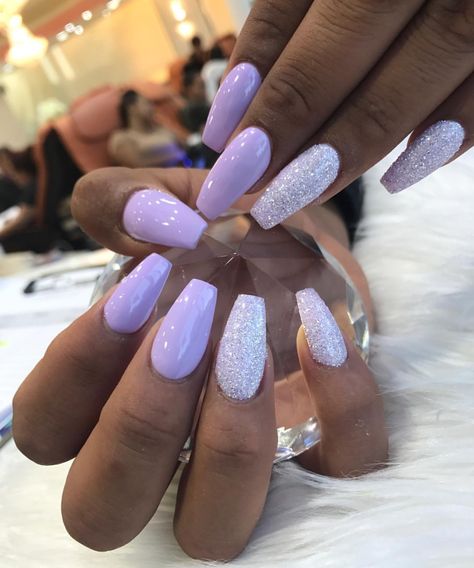 Purple Nail Inspo Coffin, White And Purple Sparkle Nails, Light Purple Acrylic Nails Coffin Short, Lavender White And Silver Nails, Simple Purple Gel Nails, Purple Prom Nails Coffin, Nail Art With Rhinestones Simple, Lilac White Nails, Wisteria Nails Wedding