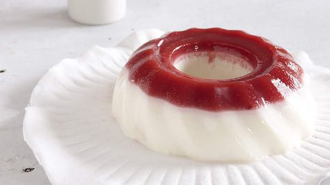 Strawberry and milk jelly recipe : SBS Food Cold Sweets, Milk Jelly, Sbs Food, Australian Food, Simply Red, Jelly Recipes, Strawberry Puree, Flavored Milk, Strawberry Milk