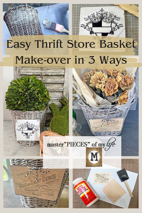 Thrifted Basket Make-over Refurbished Baskets, Thrift Store Gift Basket, Thrifted Gift Basket, Upcycle Wicker Basket, Upcycled Baskets, Thrifted Basket Wall, Boho Cottage Decor, Upcyled Square Baskets, Cheap Baskets