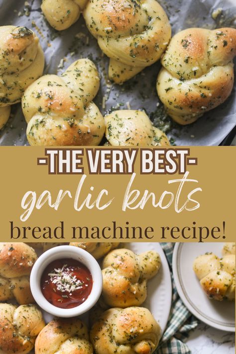 bread machine garlic bread Garlic Pizza Dough Recipe, Using Pizza Dough, Pizza Dough Bread Machine, Easy Garlic Knots, Homemade Garlic Knots, Garlic Bread Sticks, Pull Apart Recipes, Garlic Butter For Bread, Easy Bread Machine Recipes