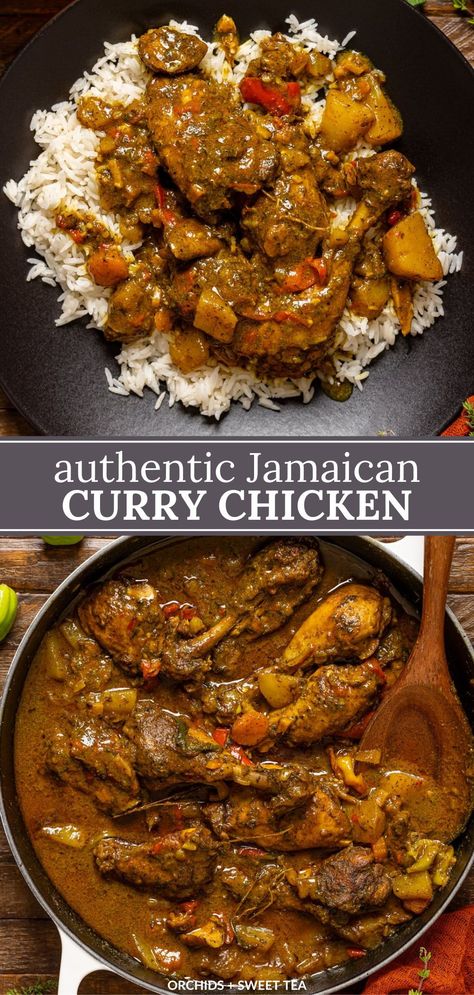 If you have ever had Jamaican food, you know it’s all about flavor and spice! Embrace the heat with my Authentic Jamaican Curry Chicken recipe. With a fragrant blend of spices and tender chicken simmered in a sauce of hot peppers, chicken stock, garlic, and creamy coconut milk, this dish is sure to transport you to the shores of Jamaica. A real nostalgic Jamaican comfort food dish. Completely Dairy free + Gluten free option. | jamaican curry chicken recipes | jamaican curry chicken authentic Healthy Jamaican Dinner Recipes, Authentic Jamaican Curry Chicken, Easy Apartment Dinners, Curry Chicken Recipes Jamaican Crock Pot, Boned Chicken Recipes, Indian Meal Recipes, Dinner Ideas Jamaican, Jamaican Curry Meatballs, Slow Cooker Jamaican Curry Chicken