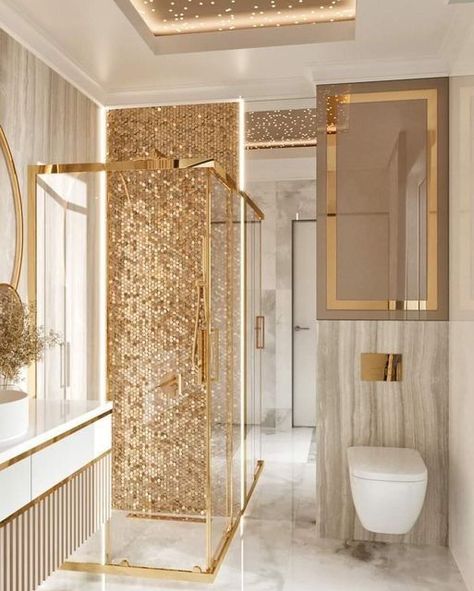 Luxury Gold Bathroom, Large Master Bath Shower Designs, Golden Bathroom Ideas, Hendi Designs, Luxury Shower Design, Gold Tiles Bathroom, Big Bathroom Design, Beautiful Small Bathroom Designs, Golden Bathroom