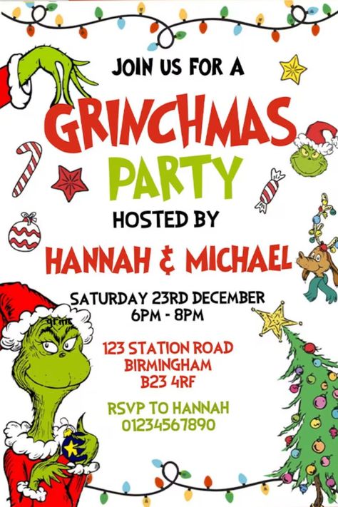 Get your guests into the Grinchy spirit from the start with an invitation as unique as your party!Featuring The Grinch's mischievous grin and fun Holiday decorations, this invitation promise a festive experience that will leave your guests eagerly counting down the days until your Grinchmas party begins!See more party ideas and share yours at CatchMyParty.com Grinch Invitations Holidays, Grinch Friendsmas Party Ideas, Grinch Party Invitations Free Printable, Grinchmas Party Invitations, Merry Grinchmas Party, Grinch Adult Christmas Party, Grinch Christmas Party Invitations, Christmas Adult Party Ideas, Adult Grinch Christmas Party