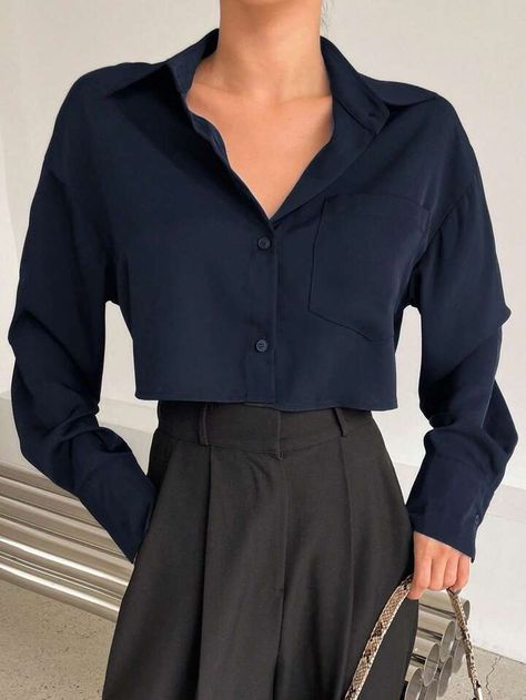 DAZY Solid Button Front Crop Shirt | SHEIN USA Croptop Polo Outfit, Check Shirt Outfit Women, Checked Shirt Outfit, Navy Blue Outfit, Corporate Shirts, Dark Blue Shirt, Polo Outfit, Blue Outfit, Pocket Shirt