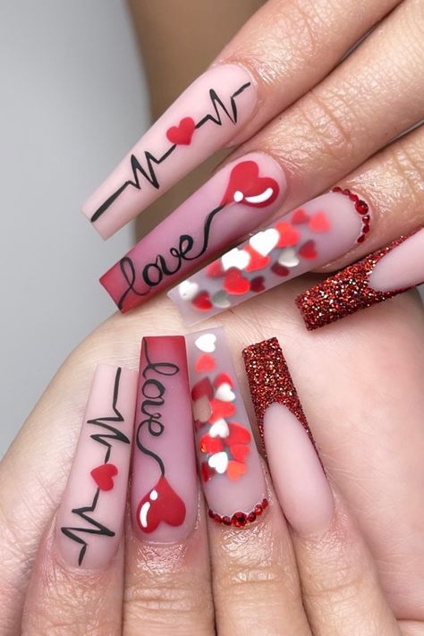 Valentine’s Day Nails Acrylic Red, Black Red Valentines Nails, Valentines Nails Coffin Medium, Valentine’s Day Nails Long, Valentines Day Nails Coffin Shape, Valentine’s Day Nails Coffin, Matte Valentines Nails, Red Valentines Nails Acrylic, Heart Glitter Nails