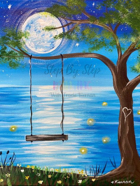 Whimsy Summer Swing Painting Tutorial - Step By Step Painting With Tracie Kiernan Easy Acrylic Painting, Arte Van Gogh, Simple Canvas Paintings, Summer Painting, Canvas Painting Diy, Acrylic Painting Tutorials, Happy Paintings, Step By Step Painting, Night Painting