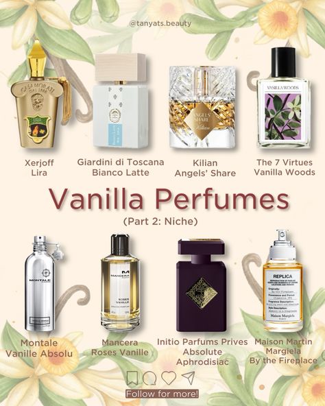 The universe of vanilla perfumes is endless. These scents are usually the most crowd-pleasing and often become hits. Recently, I’ve started a series of posts about vanilla fragrances, and this time, it’s the turn of the niche perfumes. Of course, there are thousands of niche vanilla perfumes, but I picked 8 that are the most trending or easiest to like. You should definitely test them if you like vanilla: ▫️ Xerjoff Lira — a gourmand vanilla with citrusy notes. Probably my personal favorite... Blanco Latte Perfume, Vanilla Woods The 7 Virtues, Rose Vanilla Perfume, Niche Perfume For Women, Vanilla Fragrance Perfume, Absolute Aphrodisiac, Mancera Roses Vanille, Roses Vanille, Fragrance Combos