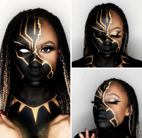 African Halloween Costumes, African Goddess Makeup, Black Panther Makeup Ideas, Full Face Makeup Looks Creative, Wakanda Makeup Ideas, Juneteenth Makeup Looks, Black Panther Face Paint, African Makeup Ideas, Wakanda Makeup