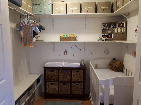 Open Shelving Clothes Storage, Small Walk In Closet Nursery, Laundry Room Nursery Combo, Master Closet Nursery, Tiny Closet Nursery, Nursery In Master Closet, Walk In Nursery Closet, Tiny Twin Nursery, Walk In Closet To Nursery