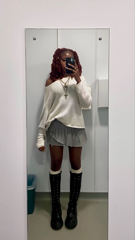 Nodress Skirt Outfit, Crew Neck Skirt Outfit, Boho Mini Skirt Outfit, Fall Boots Outfit Black Women, Thanksgiving Outfit Alt, Hyper Feminine Style, Cute Winter Fits Baddie, Lace Thigh Highs Outfit, Birthday Outfit December