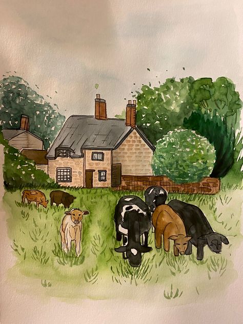 Cottage Sketch, Cottagecore Animals, Watercolor Cottage, Cottage Core Art, House Wallpaper, Cottage Art, Cottage House, Sketchbook Art, Color Art