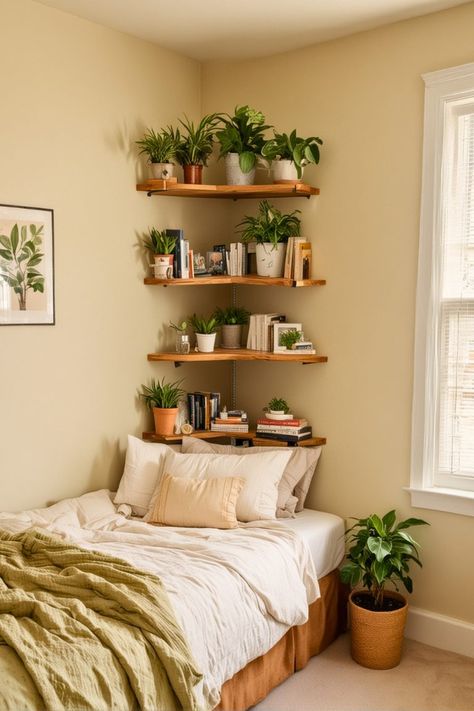 22 Small Bedroom Ideas Perfect Makeover 2024 – The Crafty Hacks Small City Bedroom Ideas, Small Green Room Ideas, Bedroom Organization Ideas Aesthetic, Small Apartment Vibes, 10 M2 Bedroom Ideas, Small Bedroom Ideas Maximalist, Shelves In Small Bedroom, Small Room Design Bedroom Aesthetic Cozy, Small Room Shelving Ideas