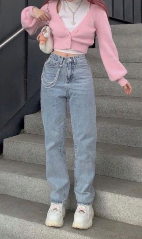 Fem Outfits With Pants, Kawaii Outfit Ideas Casual, Pink Pastel Outfit Aesthetic, Kawaii Outfit Jeans, Soft Core Outfits Aesthetic, Kawaii Outfit With Pants, Kawaii Jeans Outfit, Kawaii Outfits Pants, Pink Kawaii Outfits Aesthetic