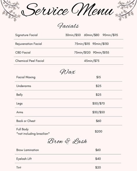 So excited to finally announce the opening of my salon suite this Friday! This will be my service menu, all new clients will receive 35% off discount on any service! Any questions please DM 😊 - - - - - - - #esthetician #skin #skincare #dallas #dfw #facial #wax #explore #explorepage✨ #salon Esthetician Booking Policy, Esthetician Must Have, Esthetician Basics, Esthetician Goal Board, 6 Figure Esthetician, Esthetician Menu Of Services, Esthetician Services List, Esthetician Study Notes, Esthetician Notes