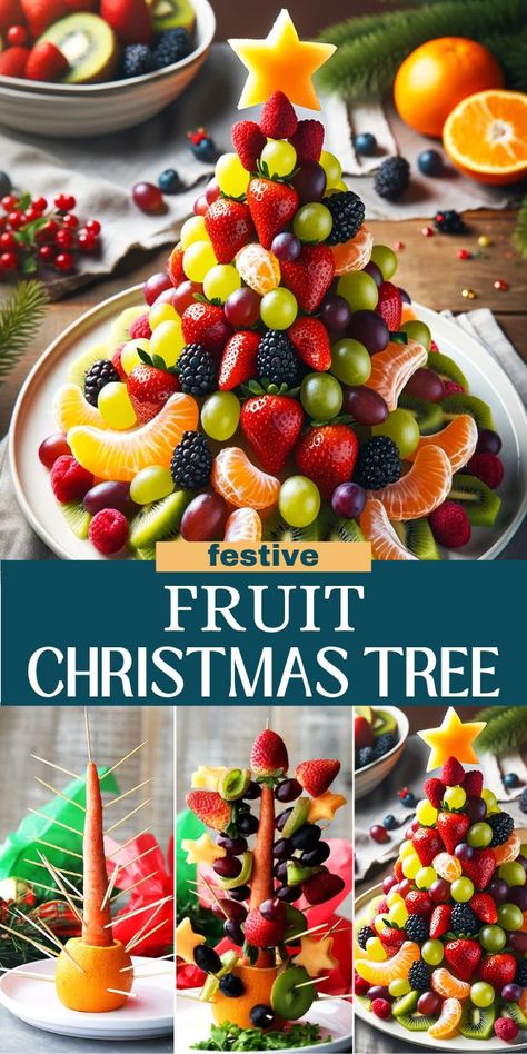 Natal, Christmas Theme Fruit Ideas, Reindeer Fruit Platter, Fruit Ideas For Christmas, Winter Fruit Platter Ideas Party, Fruit Tree Appetizer, Christmas Fruit Ideas For Kids, Christmas Fruit Salad Holidays, Christmas Eve Easy Appetizers