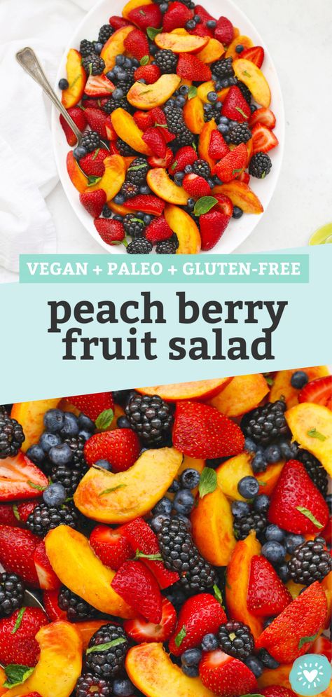 Peach Berry Fruit Salad - This summer fruit salad uses the BEST combination of fresh peaches and berries with a bright, tangy dressing to make a beautiful side dish everyone will love! (Paleo or Vegan) // Peach Fruit Salad Recipe // Summer Fruit Salad Recipe // BBQ Side Dish // Side Salad #paleo #vegan #fruitsalad #peach #berry Nectarine Fruit Salad, Peach Fruit Salad, Summer Fruit Salad Recipe, Summer Fruit Salad, Bbq Side Dish, Berry Fruit Salad, Best Baked Beans, Vegan Peach, Fruit Salad Recipe