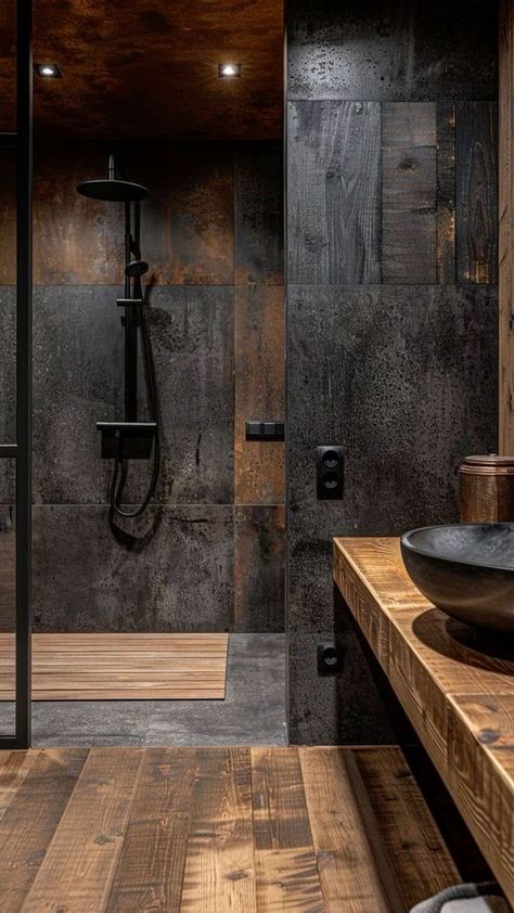 Slate Wall Bathroom, Best Bathroom Paint Colors, Dark Bathrooms, Rustic Bathroom Designs, Small Bathroom Ideas Modern, Rustic Bathroom Decor, Rustic Bathrooms, Bathroom Inspiration Decor, Bathroom Design Luxury