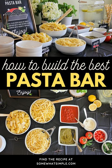 Throwing a dinner party? Try a build-your-own pasta bar! Elevate your setup with layers using ramekins and small bowls. Add pops of color with fresh greens, lemons, and tomatoes. It's a fun, affordable way to serve a meal that everyone will adore. Birthday Party Pasta Bar, Family Buffet Ideas Food Bars, Diy Wedding Pasta Bar, Pasta Salad In Cups For Party, Serving Pasta At A Party, Pasta Bar Dinner Party, Home Buffet Food, Pasta Bar Toppings, Make Your Own Pasta Bar