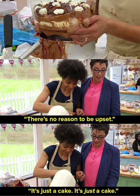 Who could forget when Dorret’s bake melted last year and Sue said: “It’s just a cake. It’s just a cake?” | Mel And Sue Comforting "GBBO" Bakers Is One Reason Why We Will Miss Them Bake Off, Bake Off Funny, Mel And Sue, Sue Perkins, English Humor, British Baking Show Recipes, Baking Humor, Big Blue House, British Humor