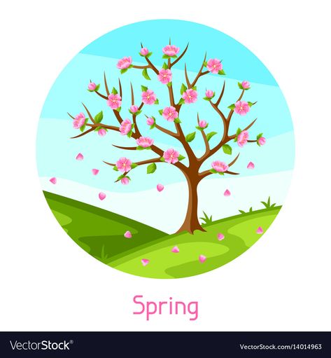 Spring Season Images, Trees In Different Seasons, Spring Season Drawing, Seasons Illustration, Spring Blooming Trees, Crown Clip Art, Seasons Posters, Sakura Flowers, Spring Images